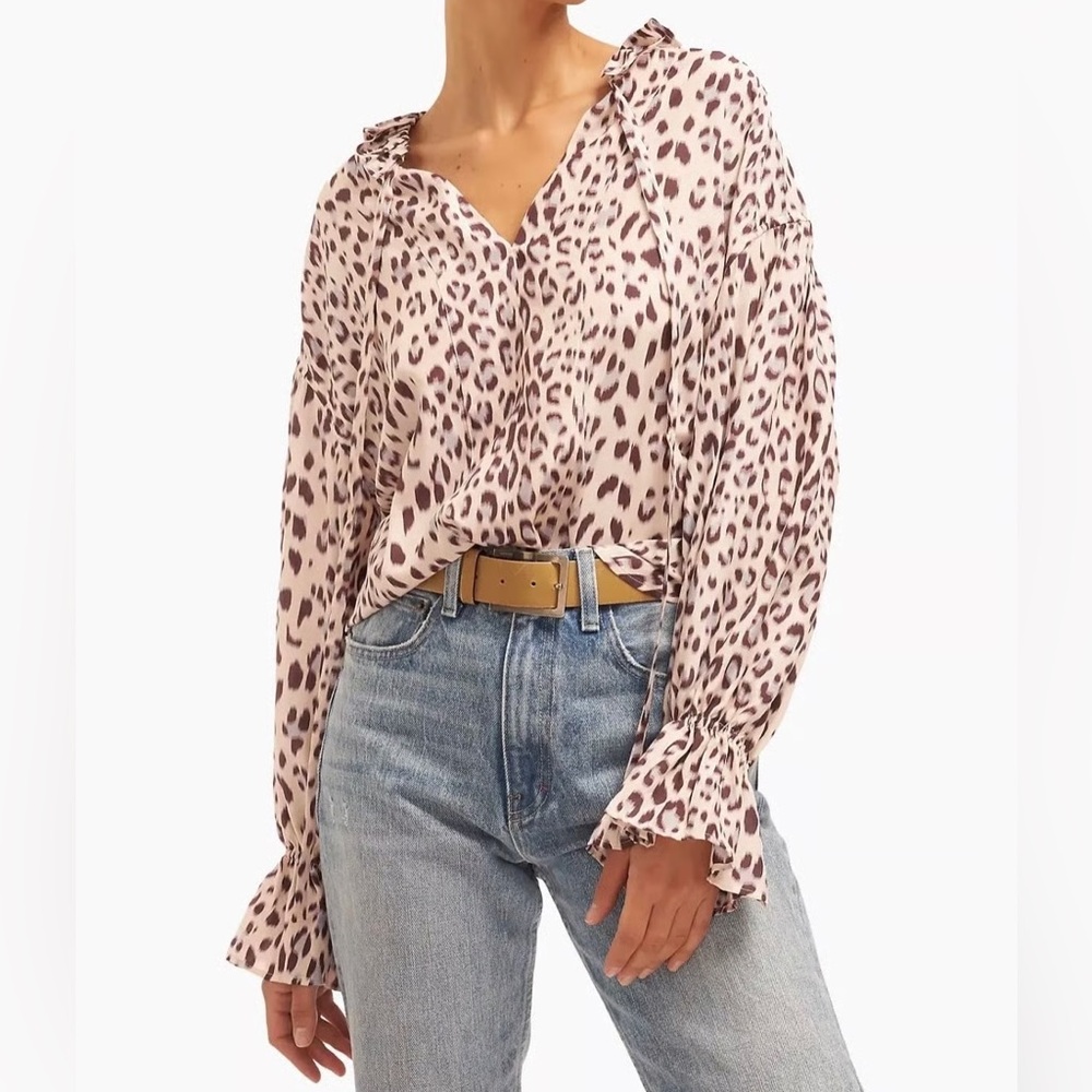 NWT Equipment Femme Silk Blend Farrah Peasant Leopard Long Sleeve Blouse Women S